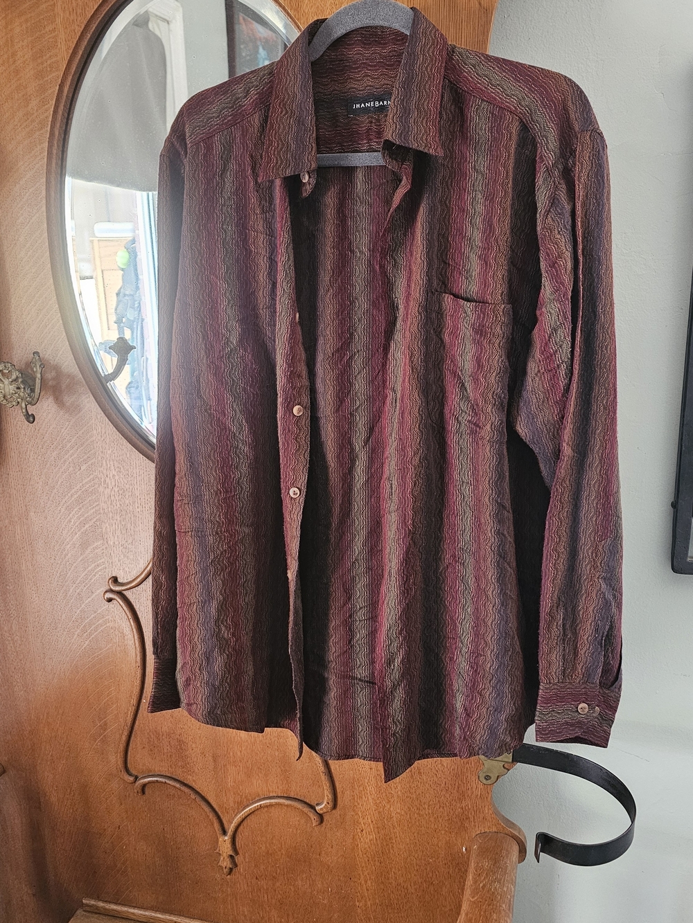 Men's Burgundy Striped Long-Sleeve Button-Up Shirt